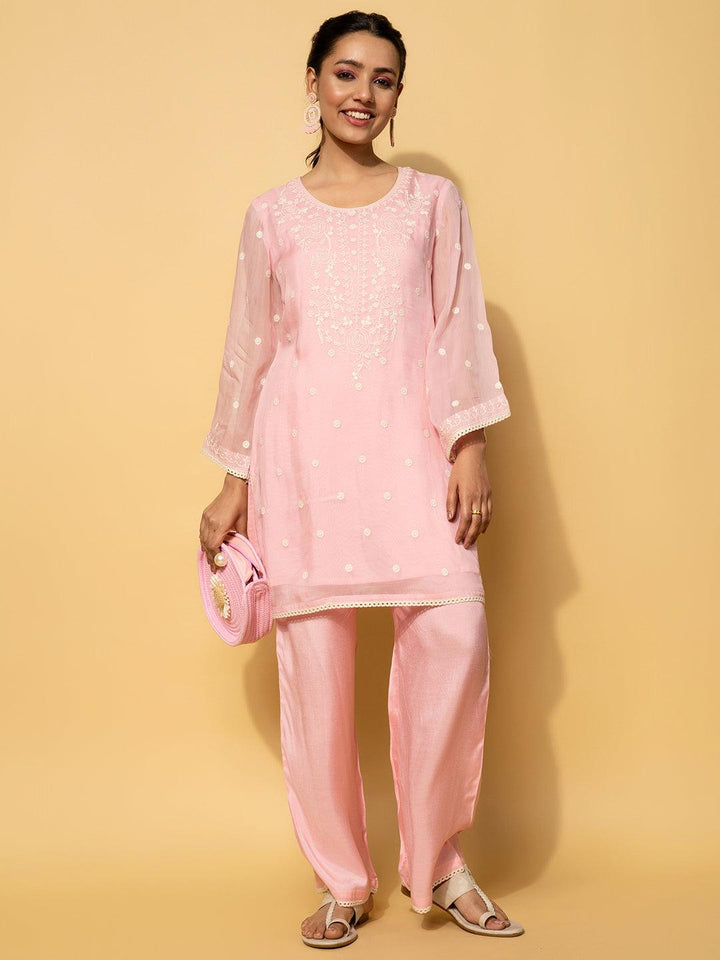 Pink Embroidered Silk Blend Co-Ords - Libas