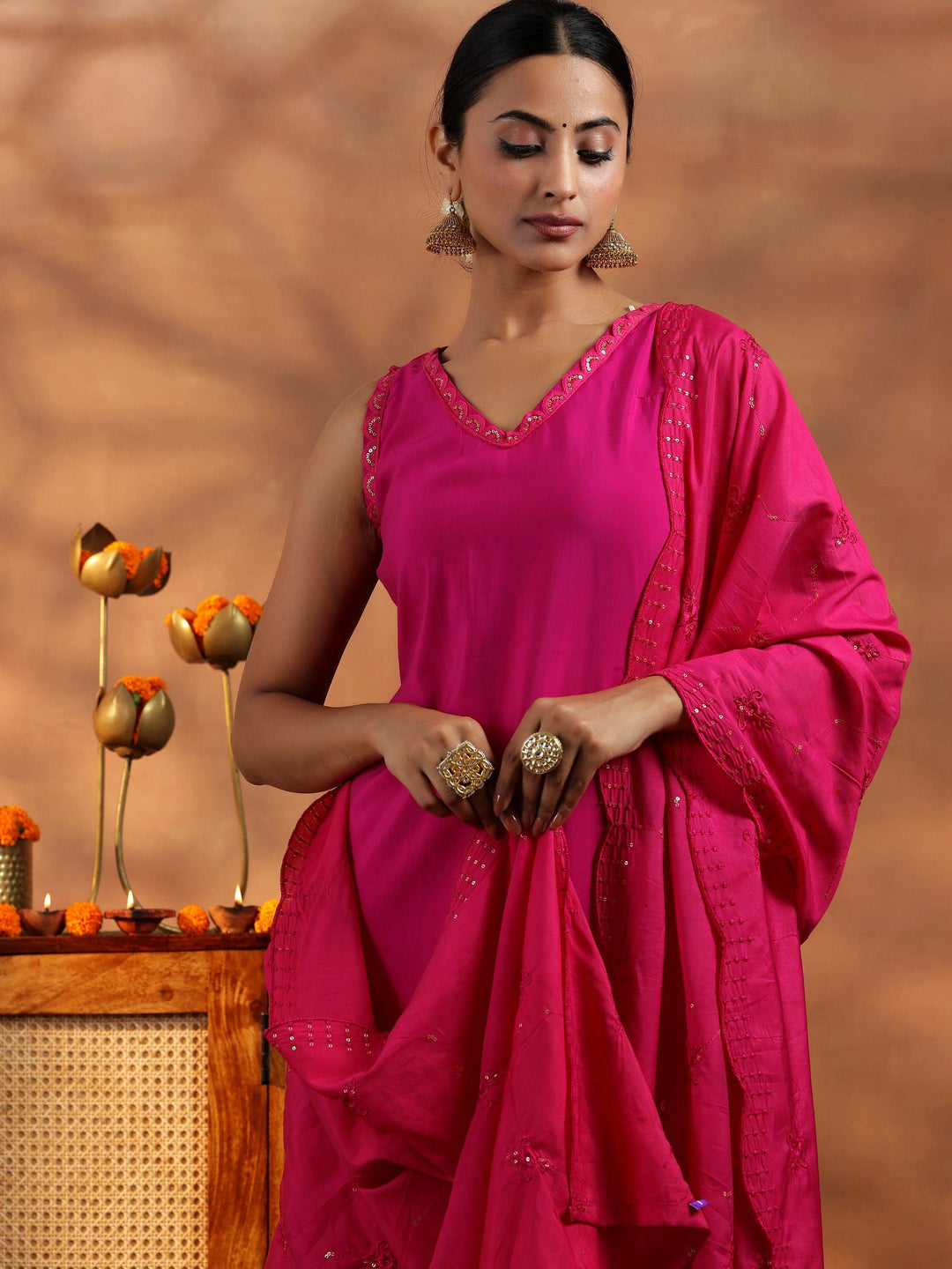 Pink Solid Silk Blend Straight Suit With Dupatta - Libas 