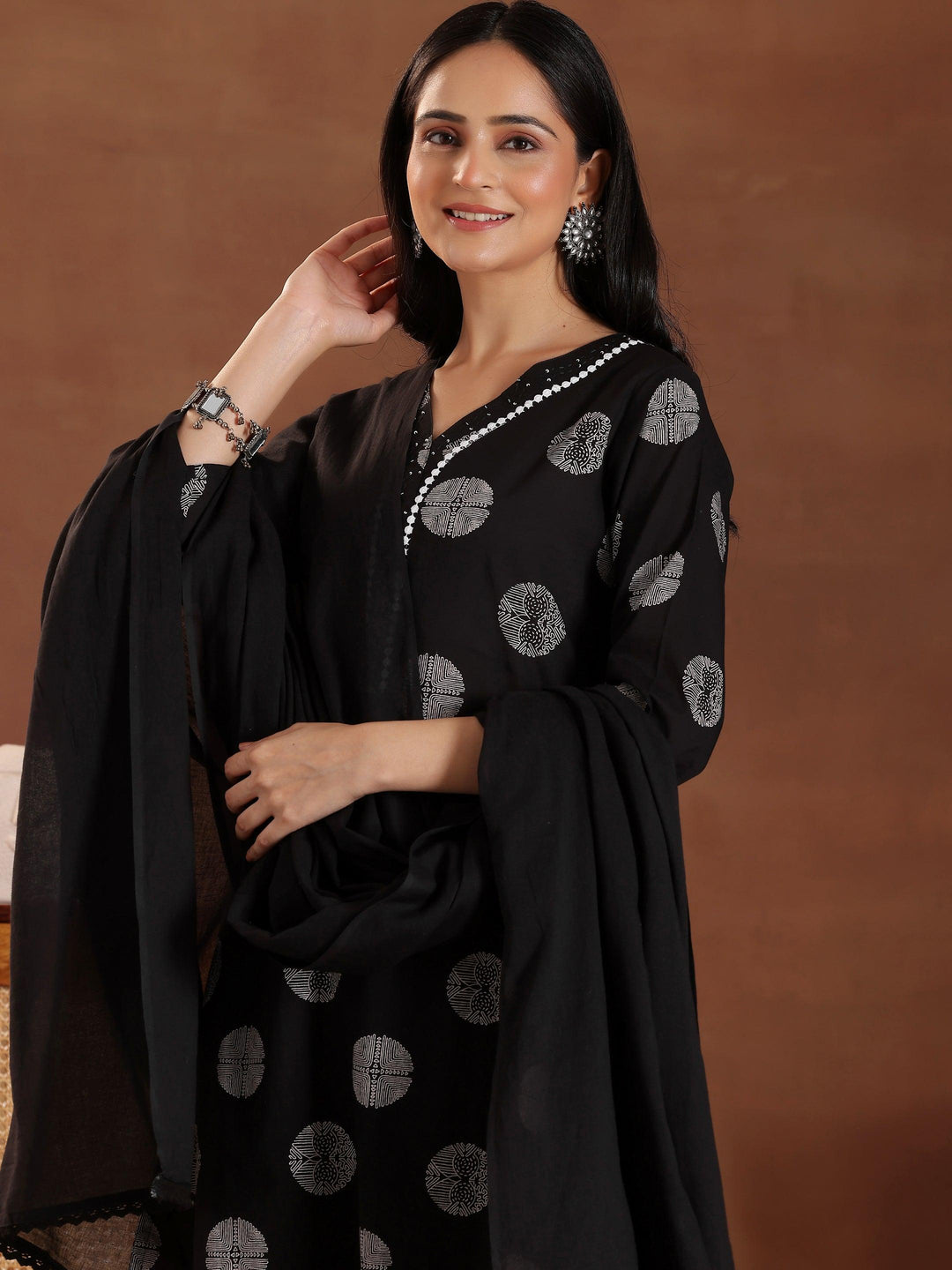 Black Printed Cotton Straight Suit With Dupatta - Libas 