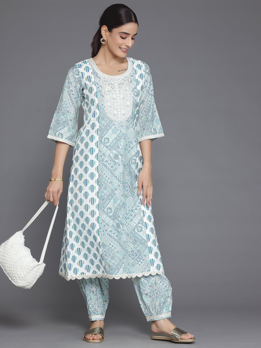 Blue Printed Silk Blend A-Line Kurta With Salwar - Libas