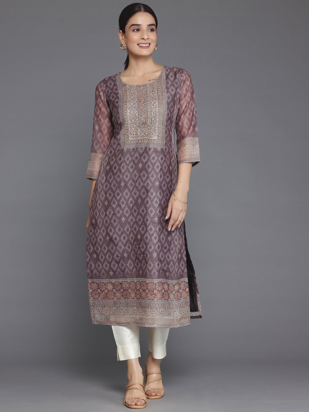 Brown Embellished Chanderi Silk Straight Kurta - Libas 