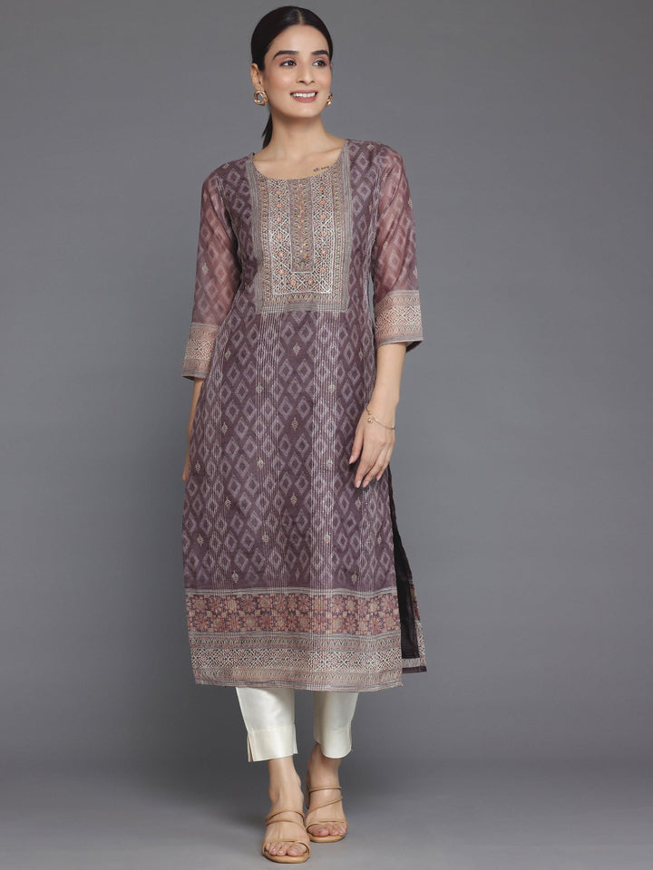 Brown Embellished Chanderi Silk Straight Kurta - Libas