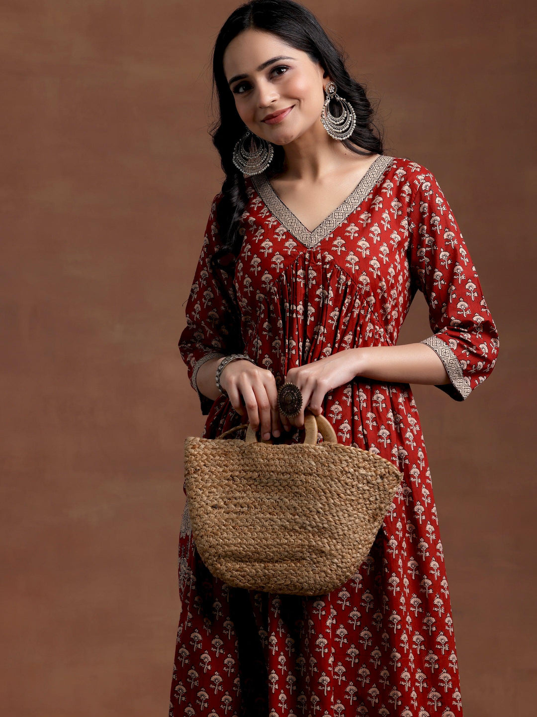 Rust Printed Cotton A-Line Kurta With Palazzos - Libas 