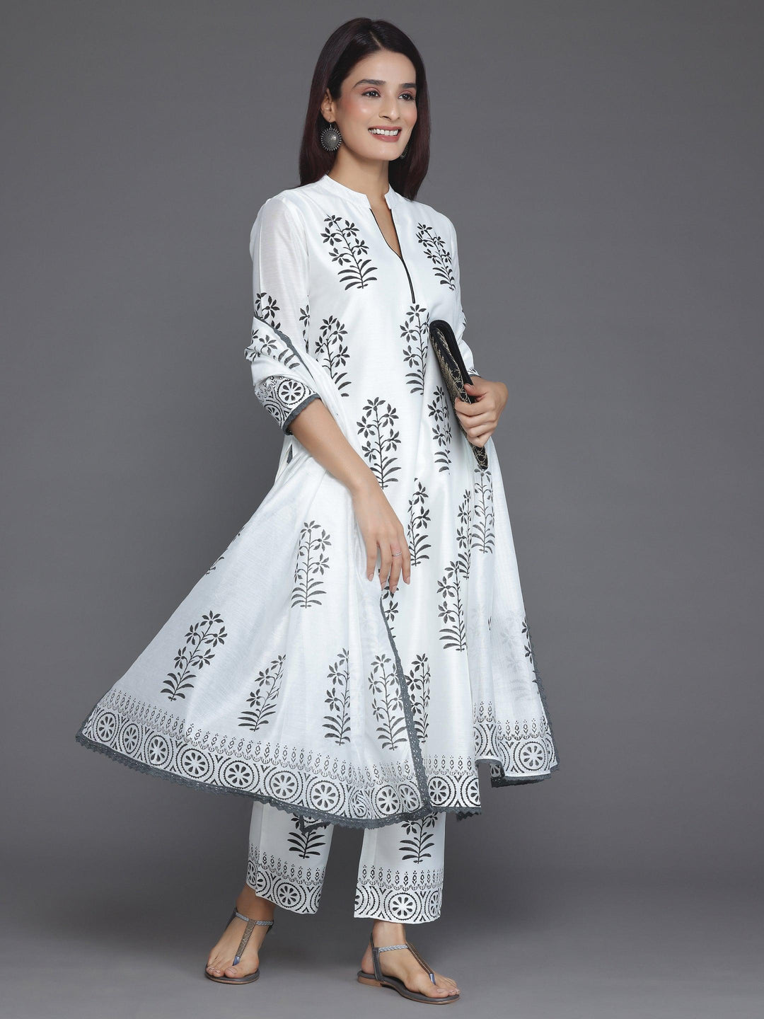 White Printed Chanderi Silk Straight Suit With Dupatta - Libas