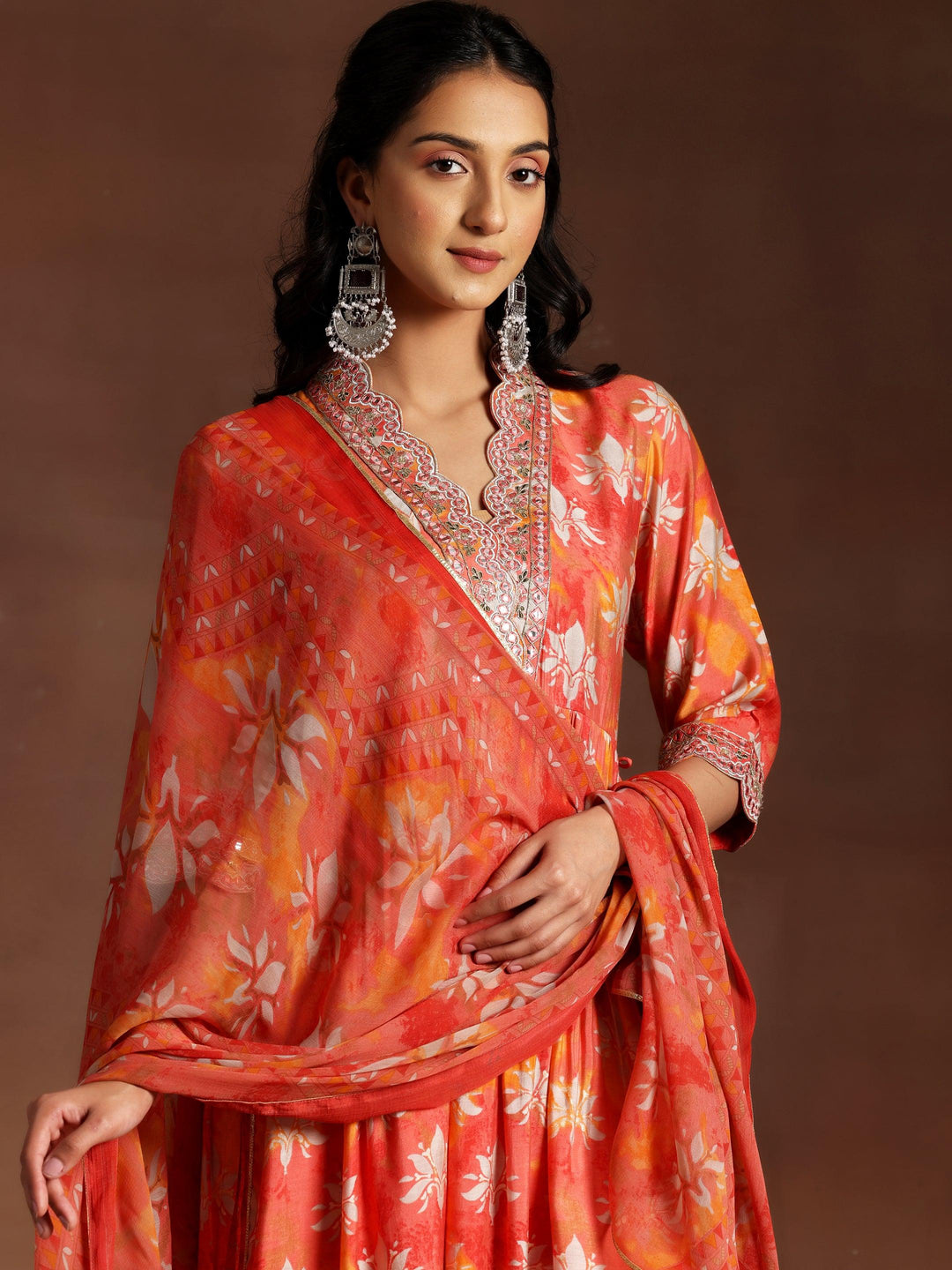 Saanjh Orange Printed Silk Blend A-Line Kurta With Palazzos & Dupatta - Libas