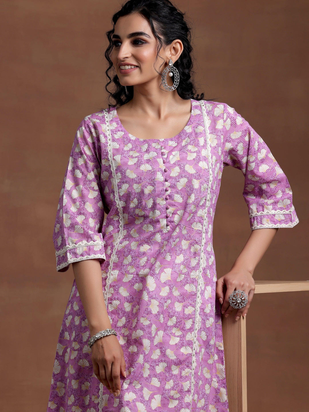 Purple Printed Cotton A-Line Kurta - Libas 