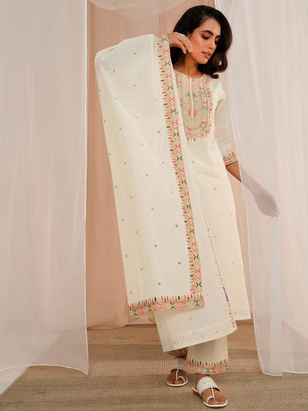 Off White Embroidered Cotton Straight Suit With Dupatta - Libas 