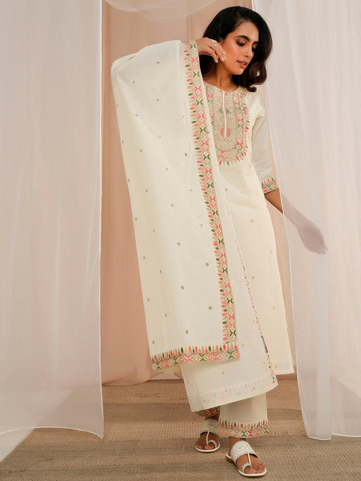 Off White Embroidered Cotton Straight Suit With Dupatta - Libas