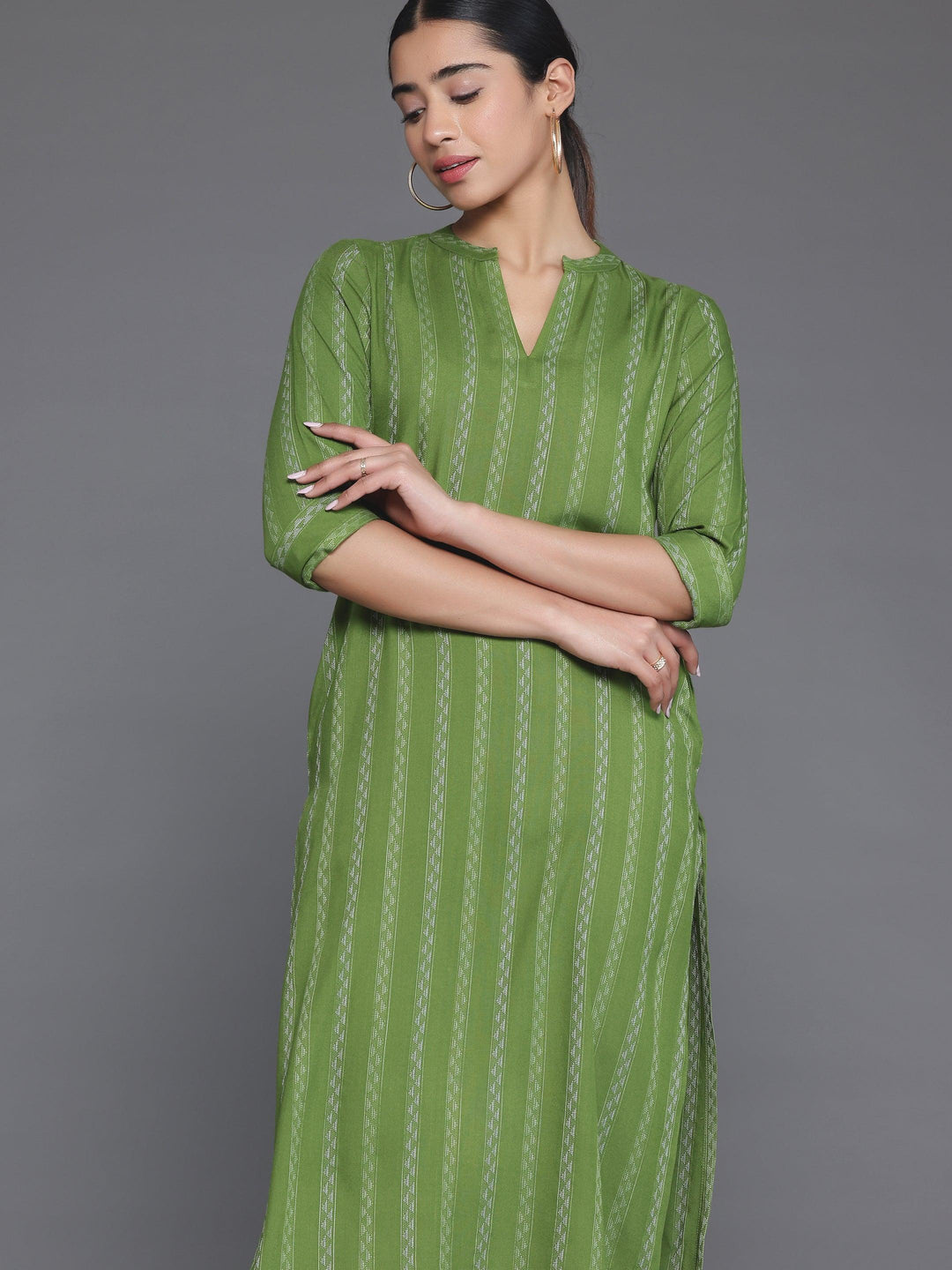 Green Striped Rayon Straight Kurta - Libas 