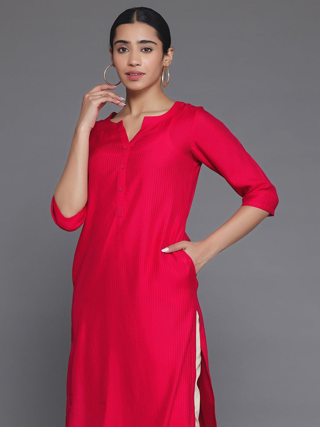 Red Woven Design Silk Straight Kurta - Libas 