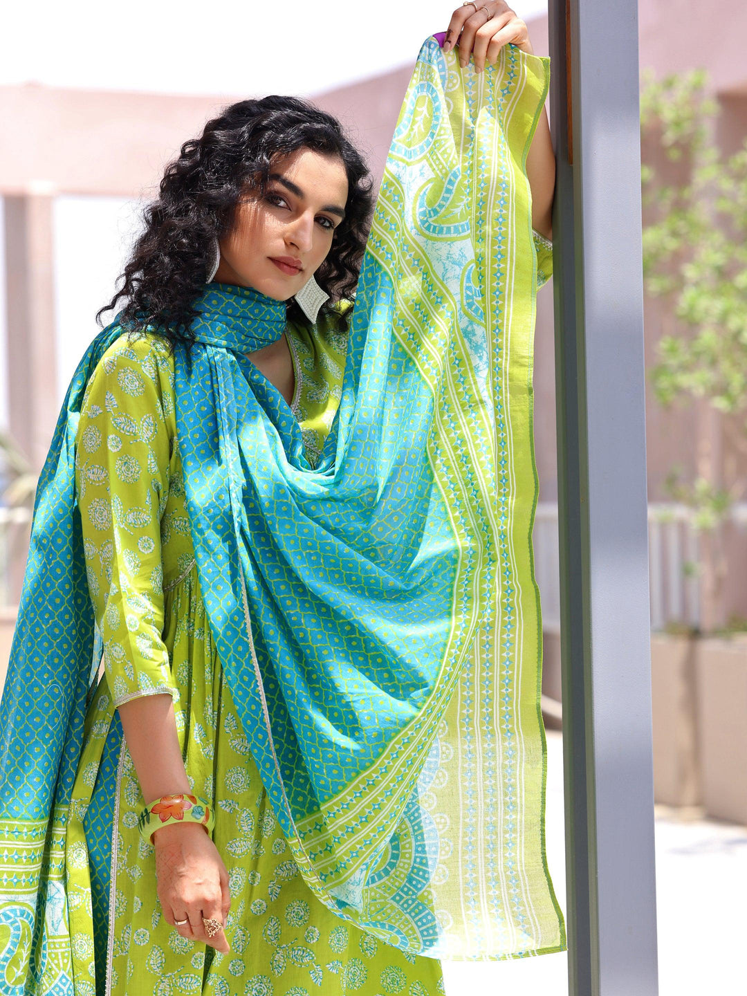 Green Printed Cotton A-Line Kurta With Palazzos & Dupatta - Libas 