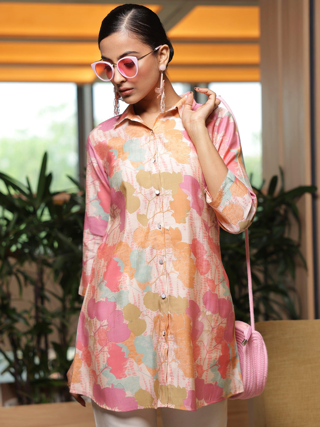 Pink Printed Silk Blend Straight Kurti - Libas 