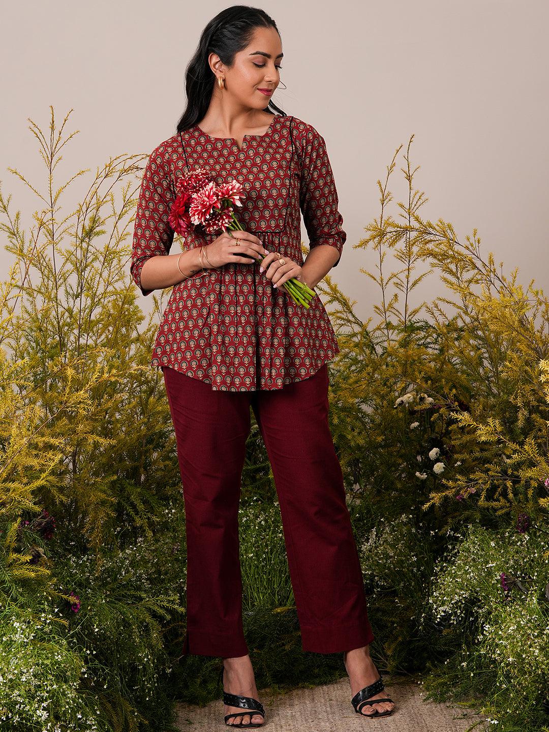 Maroon Printed Cotton A-Line Kurti - Libas 