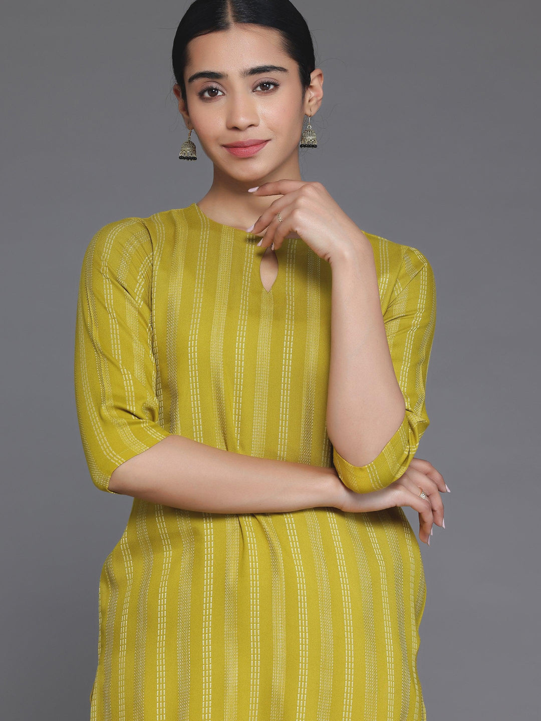 Mustard Striped Rayon Straight Kurta - Libas 