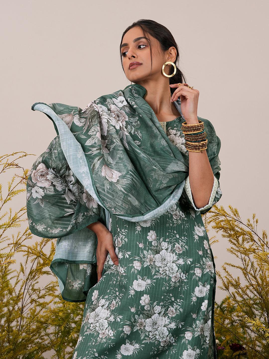 Green Printed Cotton Straight Suit With Dupatta - Libas 