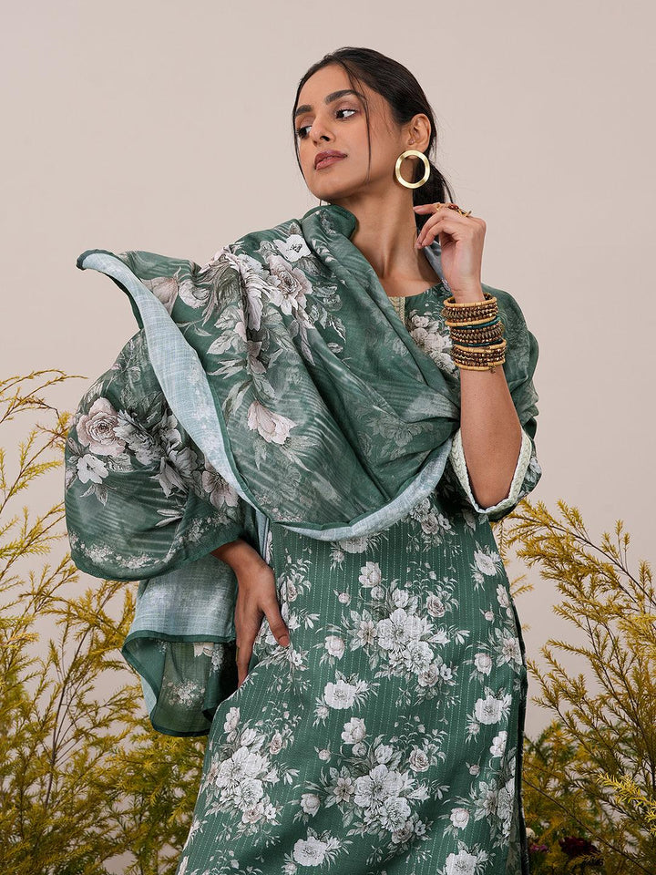 Green Printed Cotton Straight Suit With Dupatta - Libas