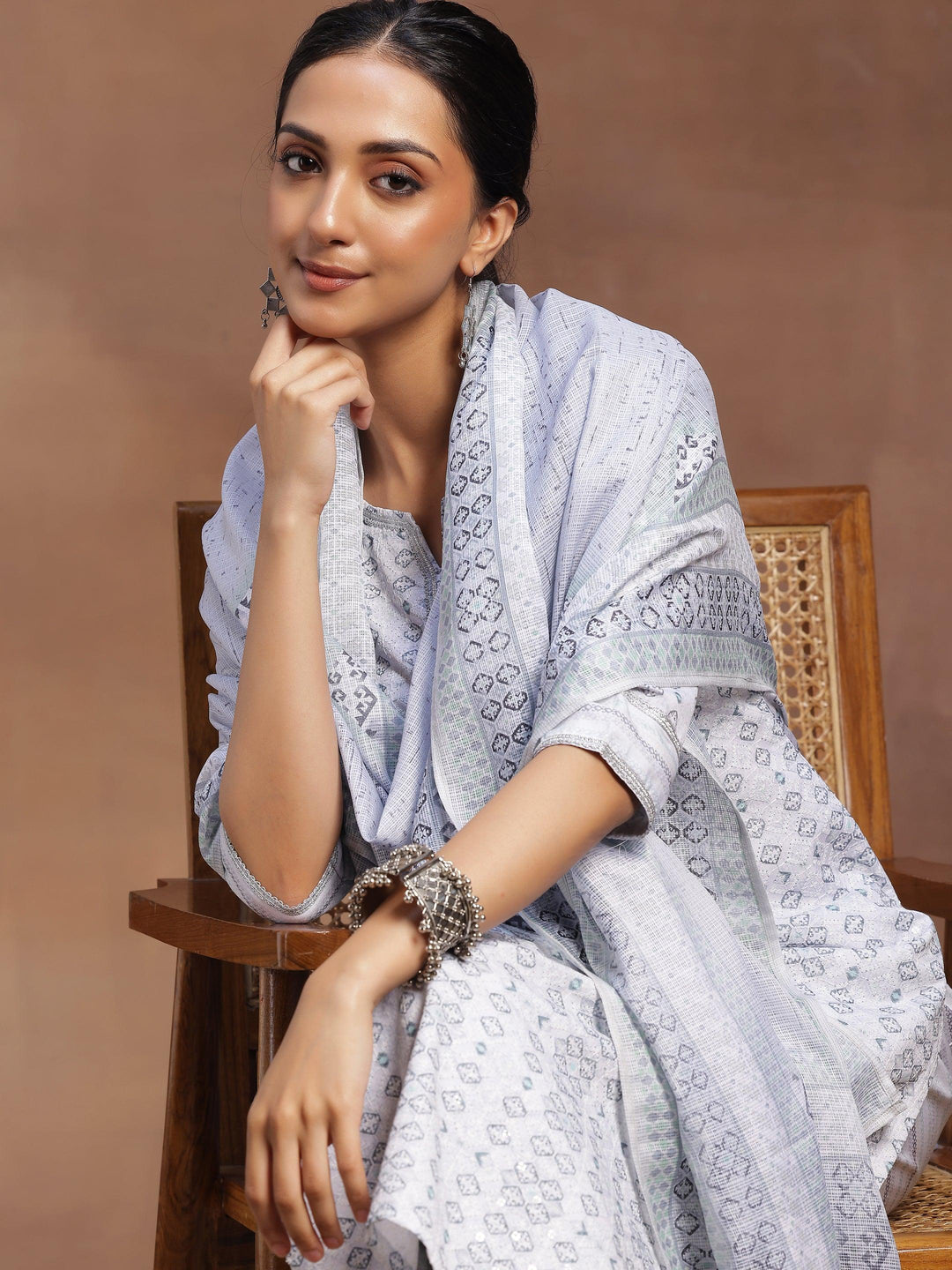 Grey Embroidered Cotton Blend Straight Suit With Dupatta - Libas 