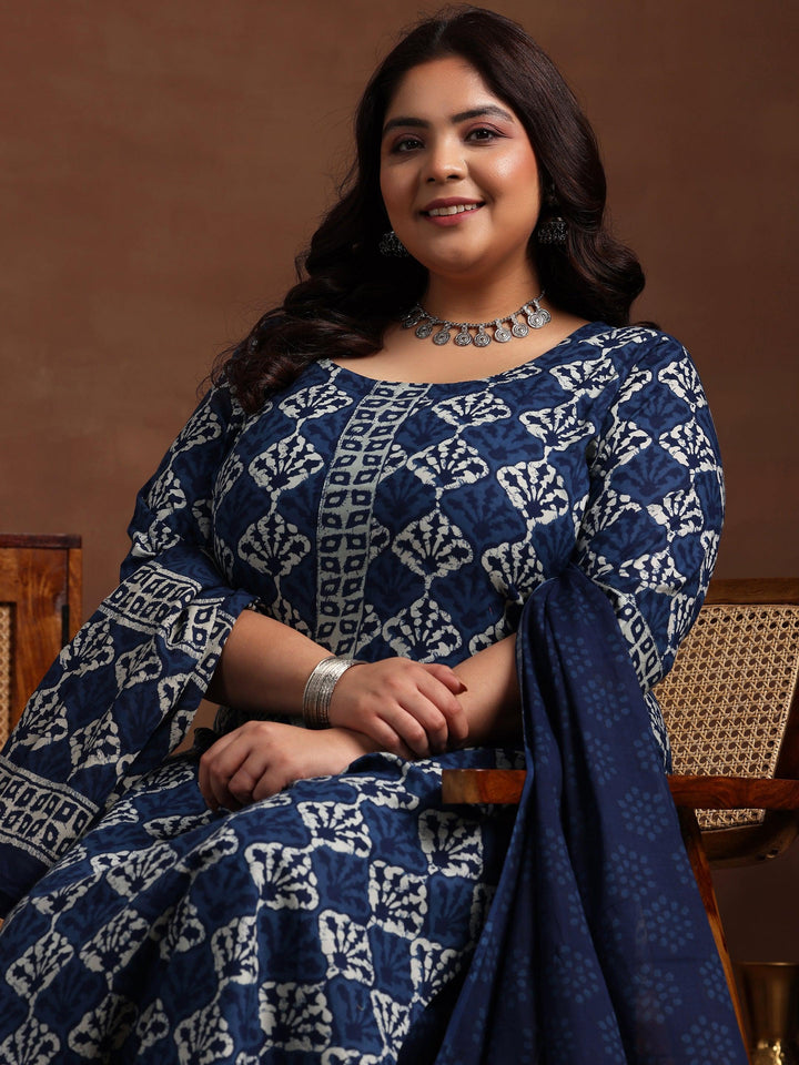 Plus Size Blue Printed Cotton Straight Suit With Dupatta - Libas