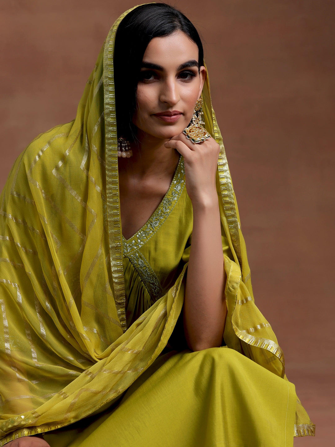 Olive Solid Silk Blend A-Line Kurta With Trousers & Dupatta - Libas