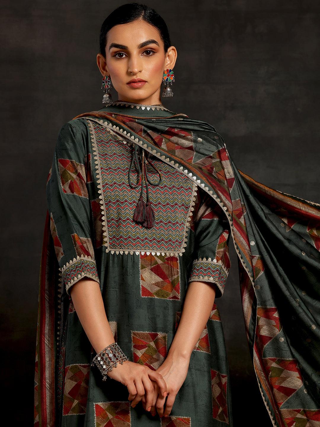 Green Printed Silk Blend Straight Suit With Dupatta - Libas