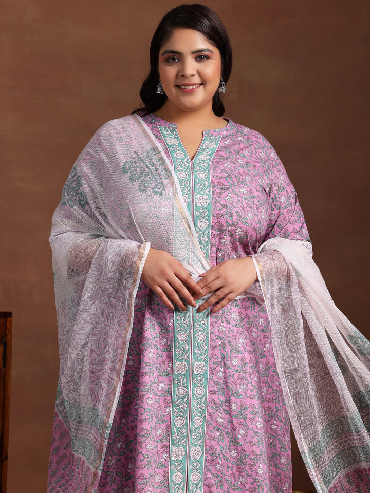 Plus Size Pink Printed Cotton Straight Suit With Dupatta - Libas