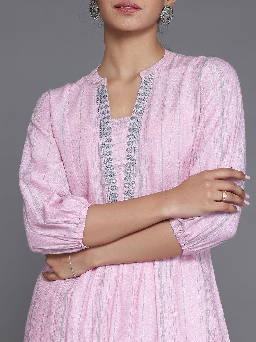 Pink Woven Design Cotton Blend Straight Kurti - Libas