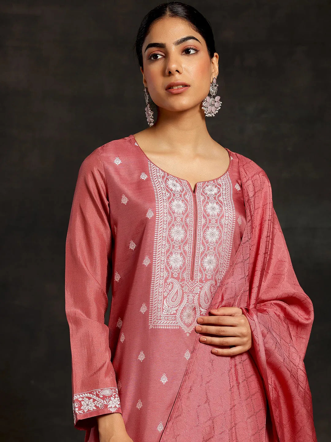  Pink Woven Design Silk Blend Straight Suit With Dupatta 