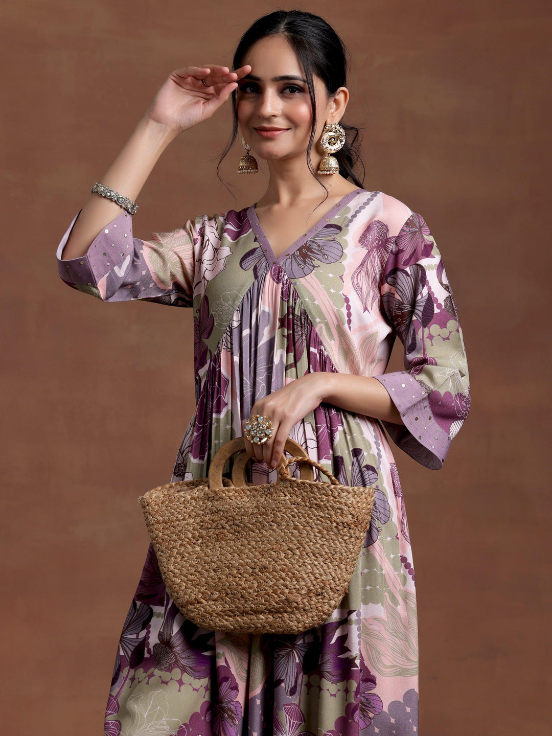 Mauve Printed Rayon A-Line Kurta With Trousers - Libas 