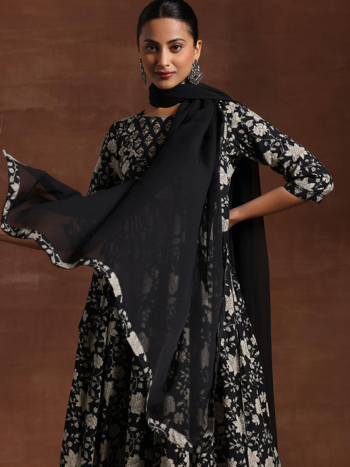 Black Printed Pure Cotton Anarkali Suit With Dupatta - Libas