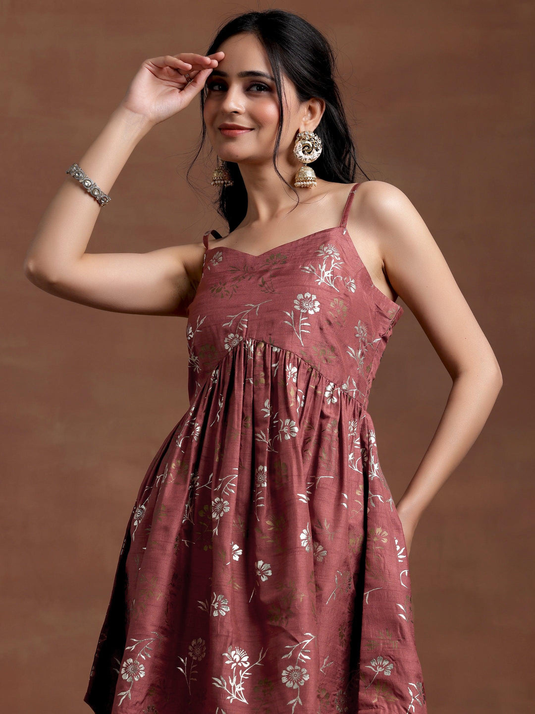 Brown Printed Silk Blend A-Line Kurta With Sharara - Libas