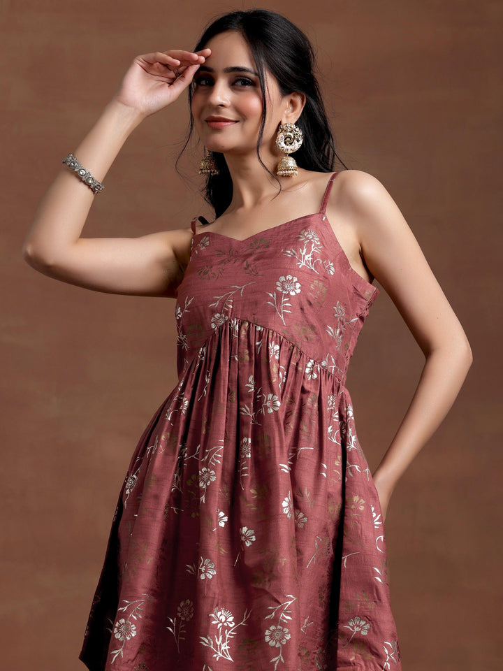 Brown Printed Silk Blend A-Line Kurta With Sharara - Libas