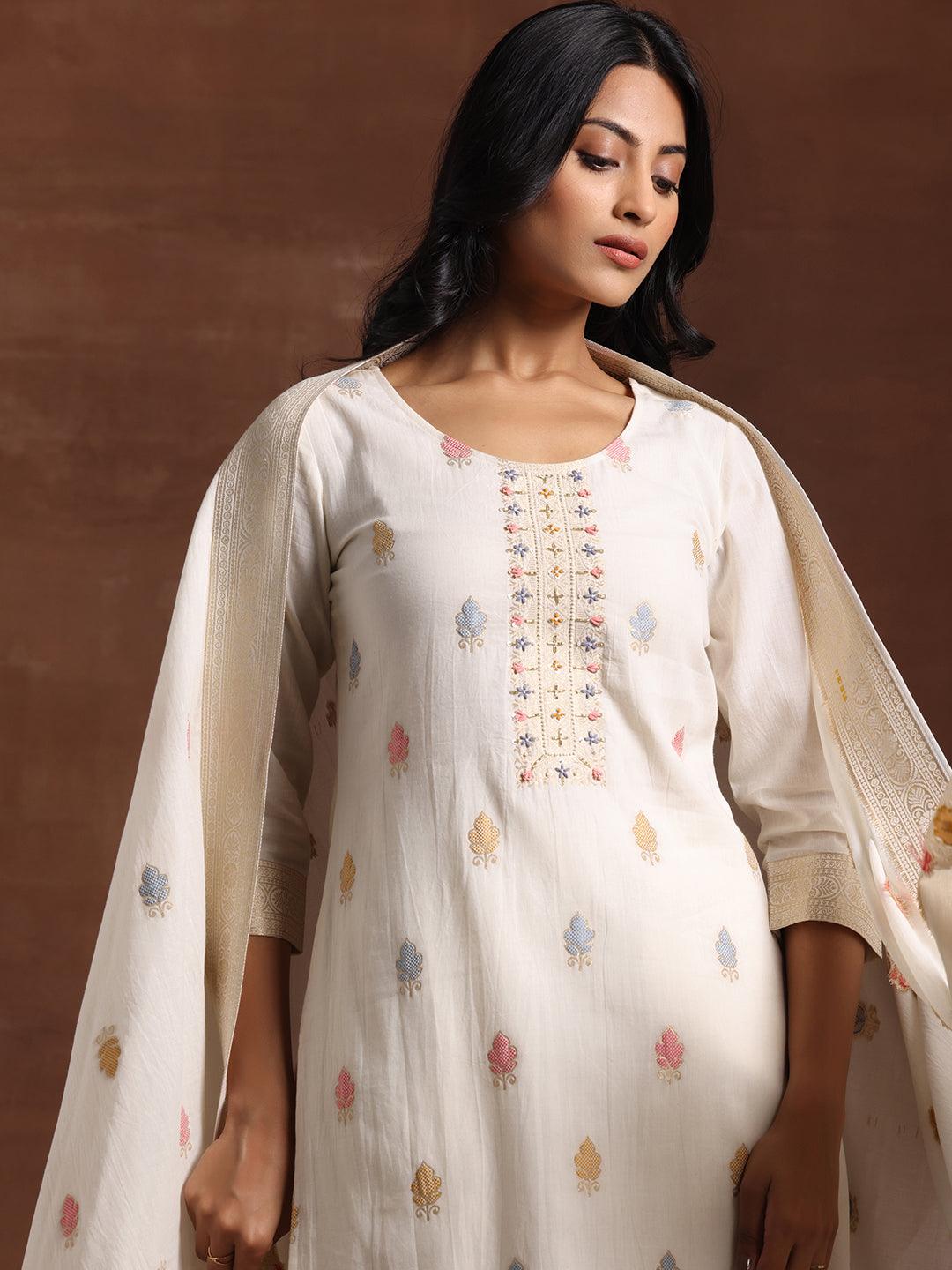 Off White Woven Design Cotton Straight Suit With Dupatta - Libas 