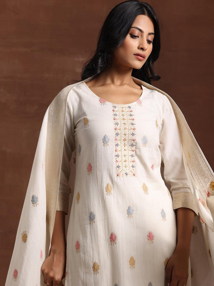 Off White Woven Design Cotton Straight Suit With Dupatta - Libas