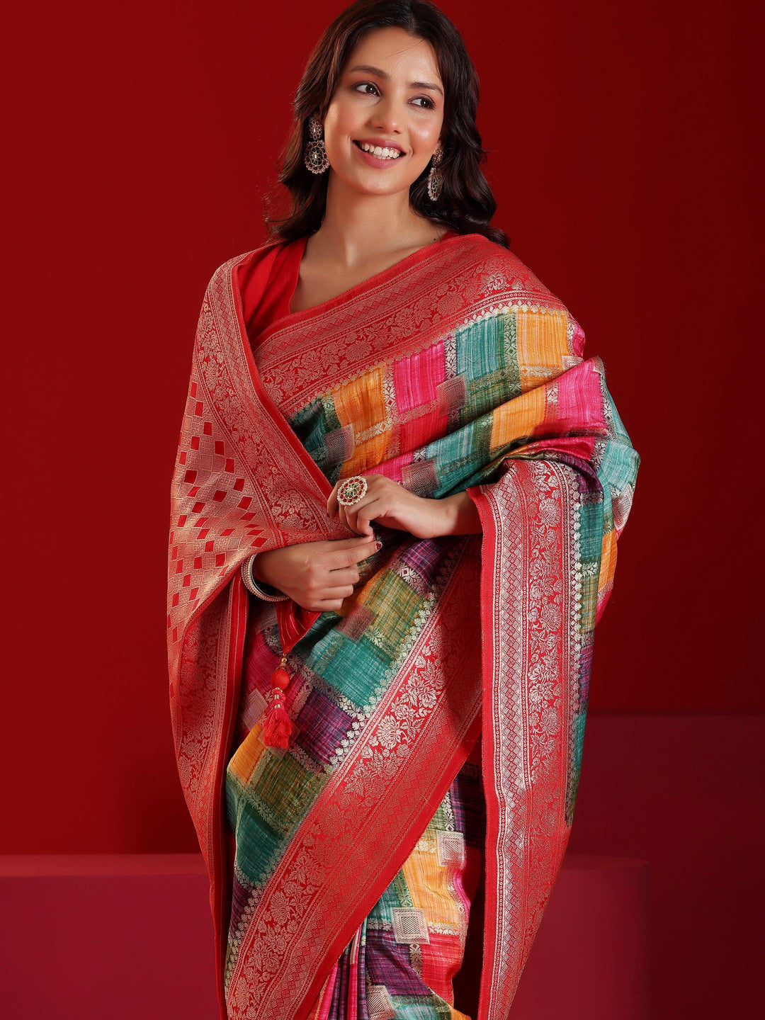 Libas Art Multicoloured Woven Design Satin Saree With Unstitched Blouse Piece - Libas