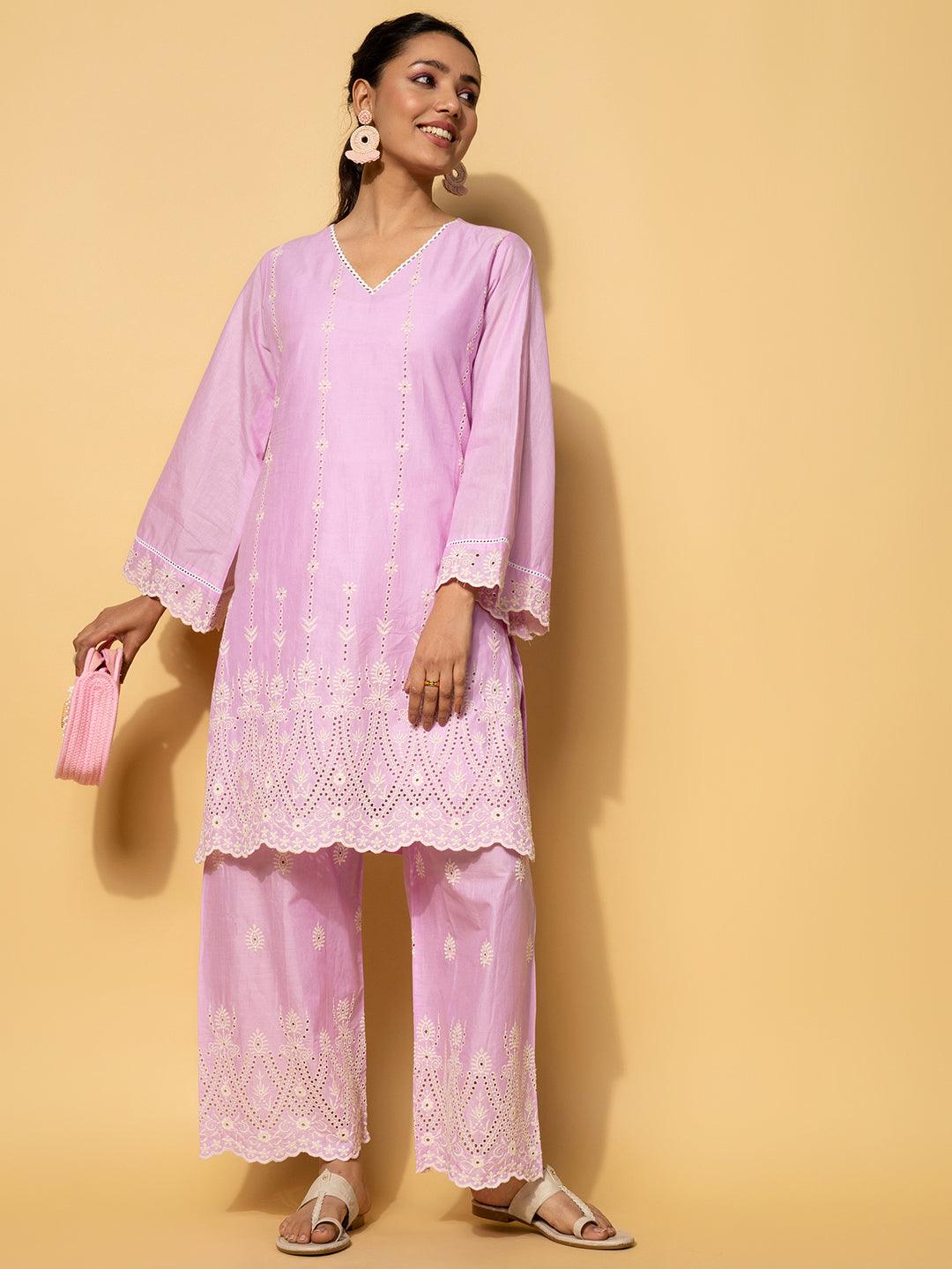 Lavender Embroidered Cotton Co-Ords - Libas 