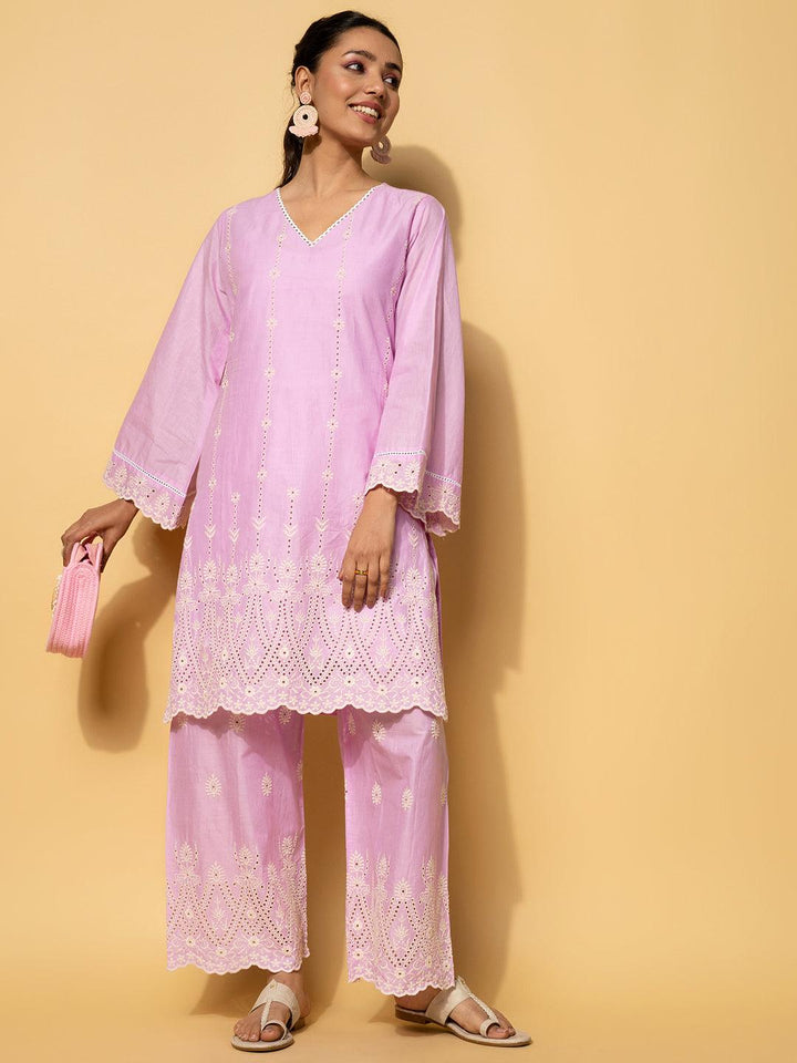 Lavender Embroidered Cotton Co-Ords - Libas