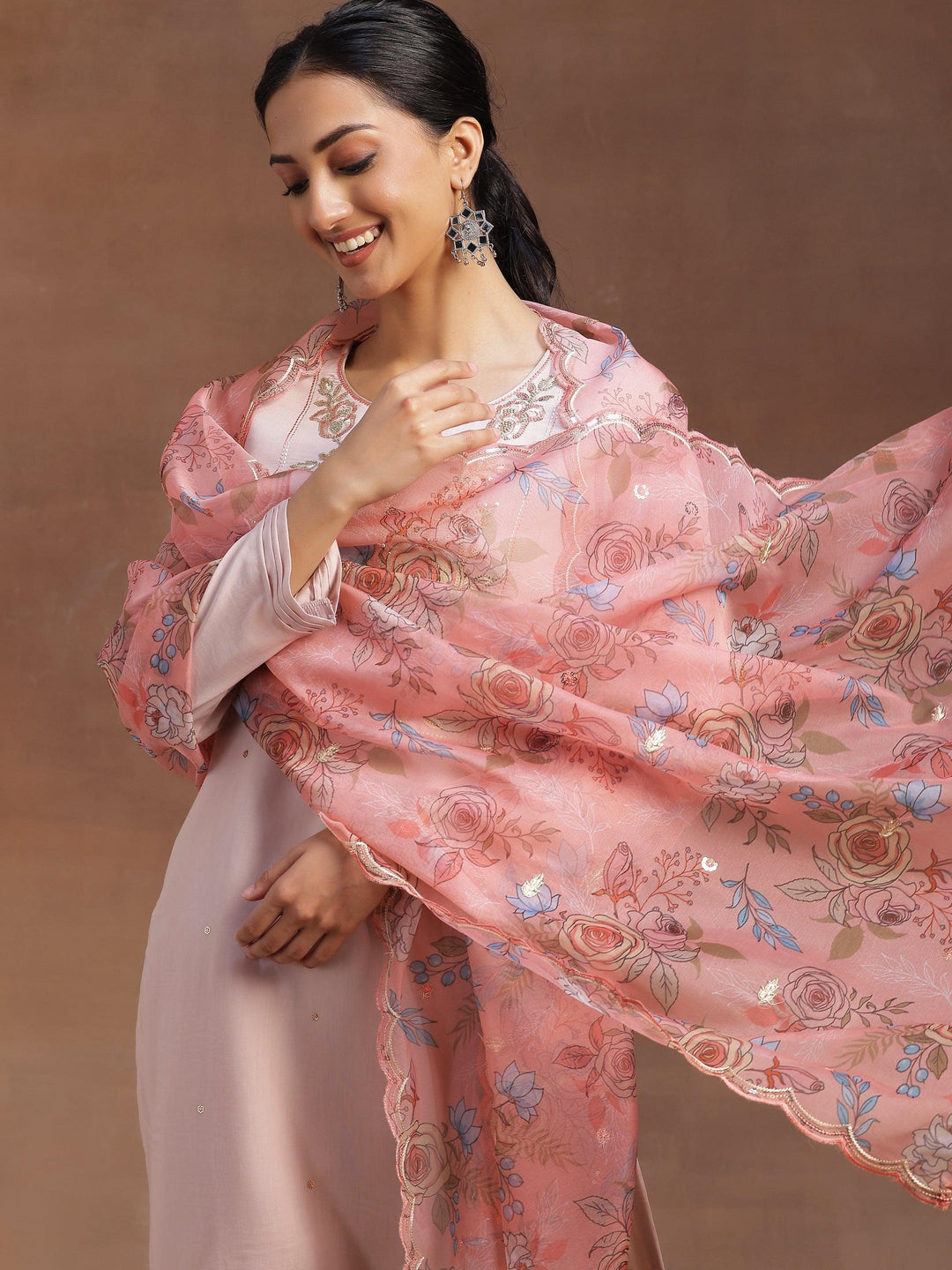 Peach Yoke Design Silk Blend Straight Suit With Dupatta - Libas 