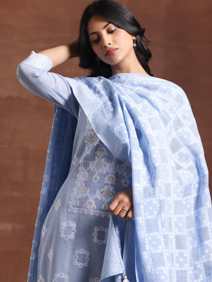 Blue Woven Design Cotton Straight Suit With Dupatta - Libas