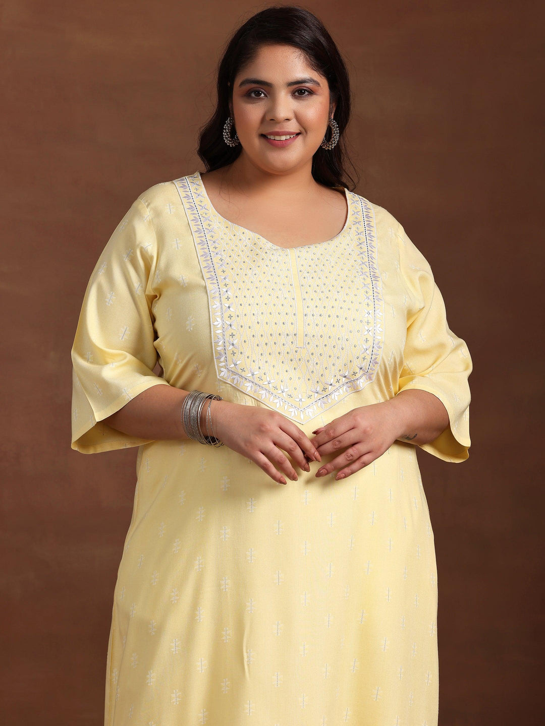 Plus Size Yellow Woven Design Rayon Straight Kurta - Libas