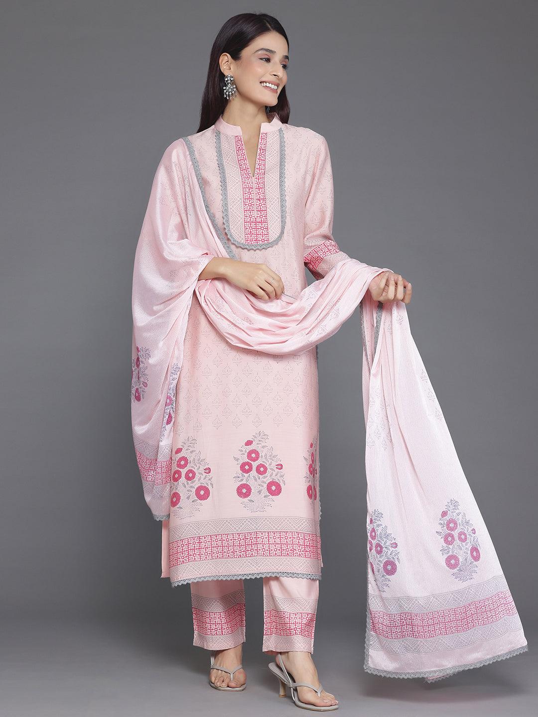 Peach Yoke Design Silk Blend Straight Suit With Dupatta - Libas