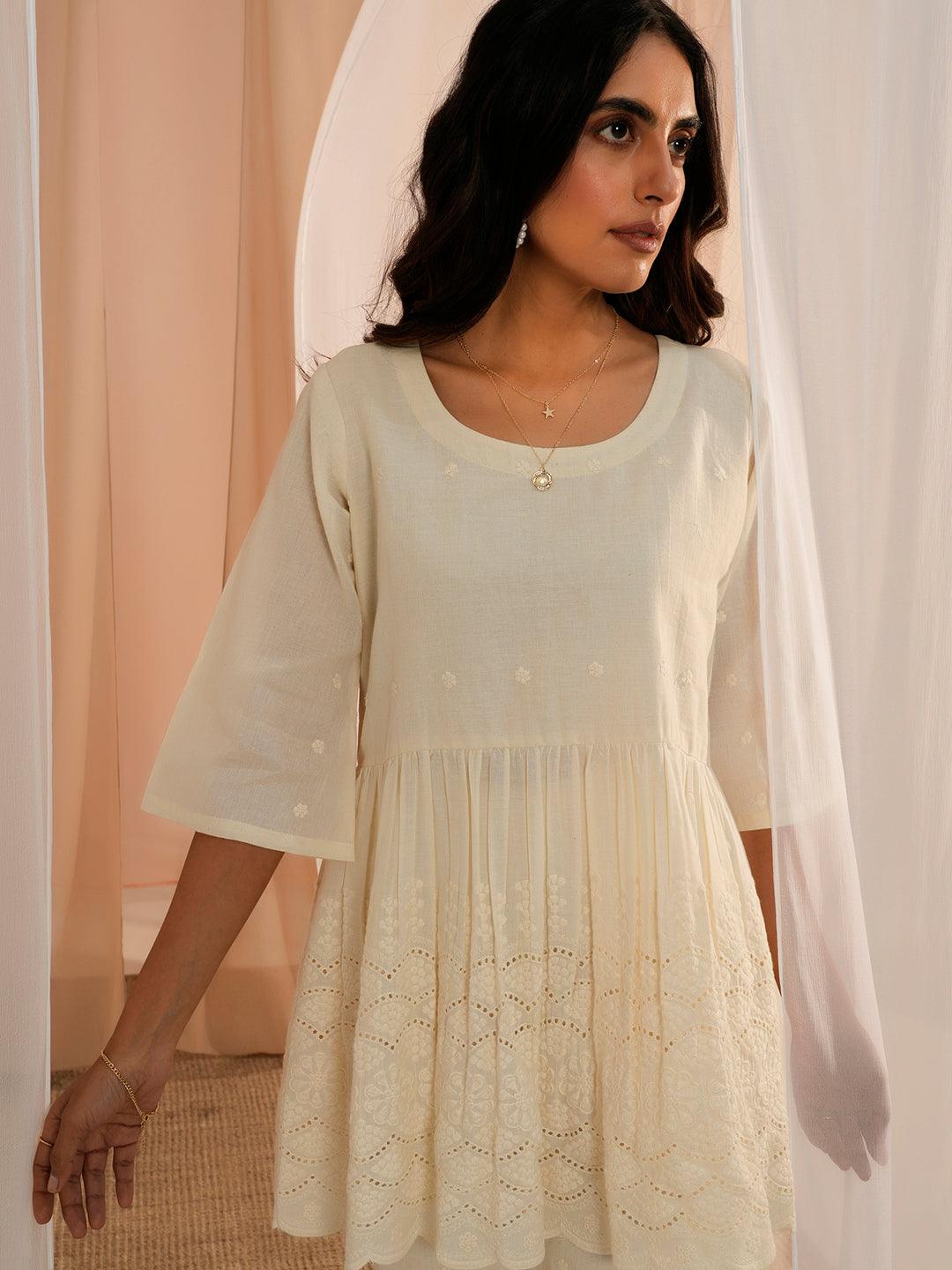 Off White Self Design Cotton Tunic With Palazzos - Libas