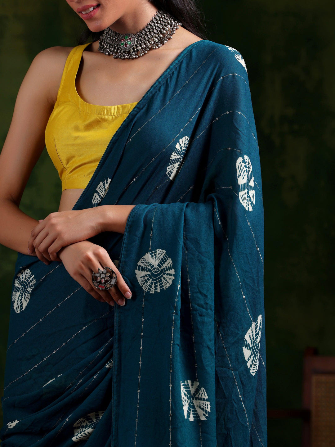 Teal Printed Poly Chiffon Saree With Unstitched Blouse Piece - Libas 