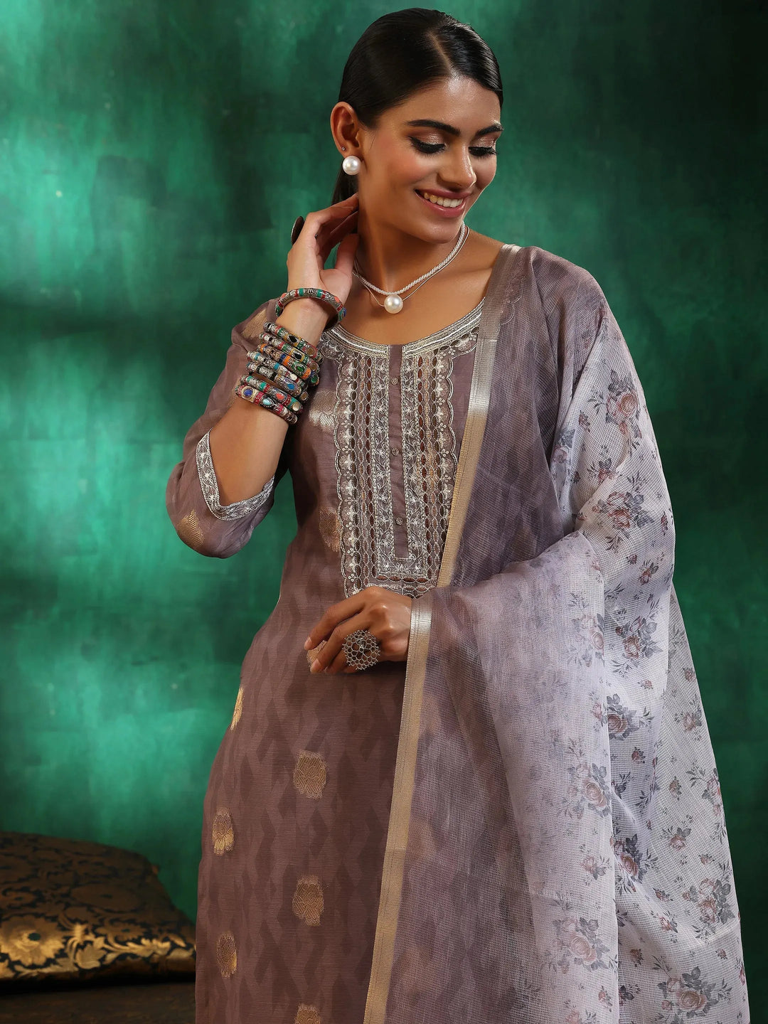  Brown Printed Silk Blend Straight Suit With Dupatta 