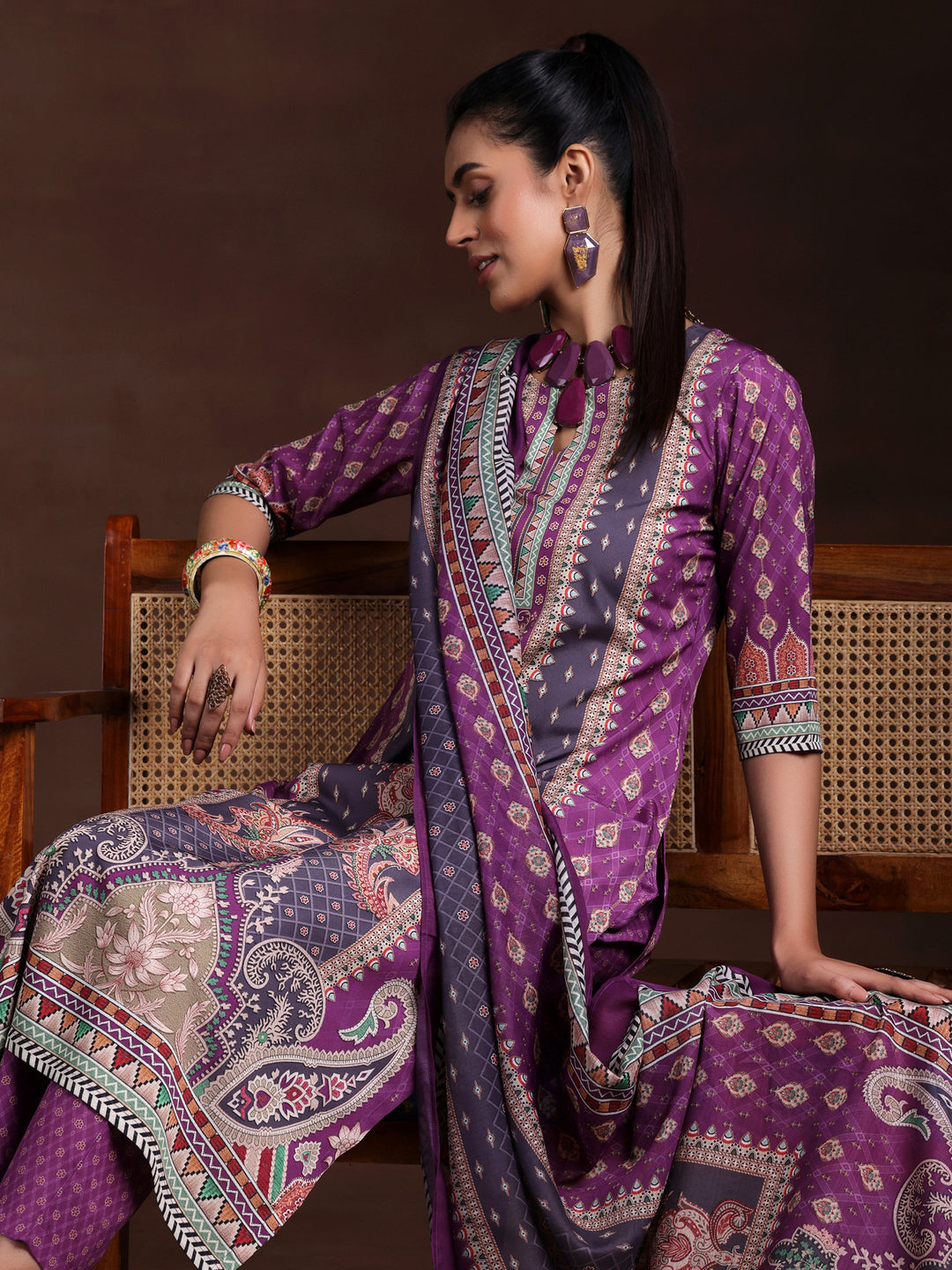  Purple Printed Poly Crepe Straight Suit With Dupatta 