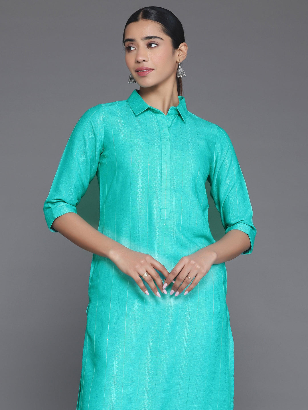 Blue Woven Design Cotton Straight Kurta - Libas