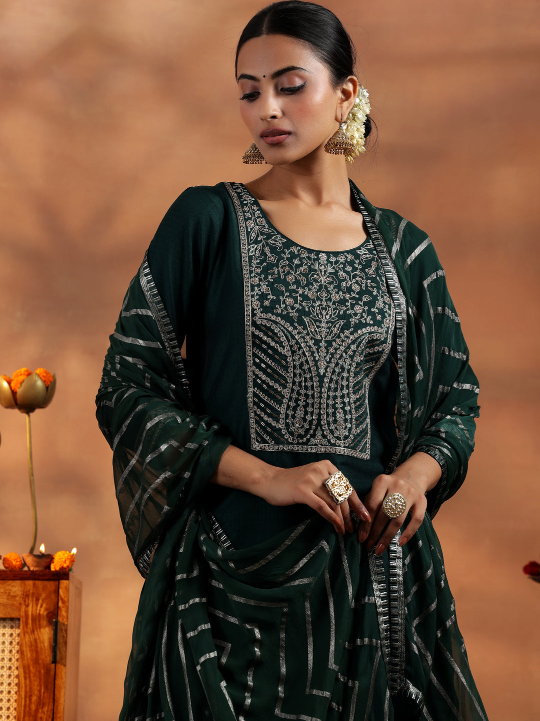  Green Embroidered Silk Blend A-Line Kurta With Trousers & Dupatta 