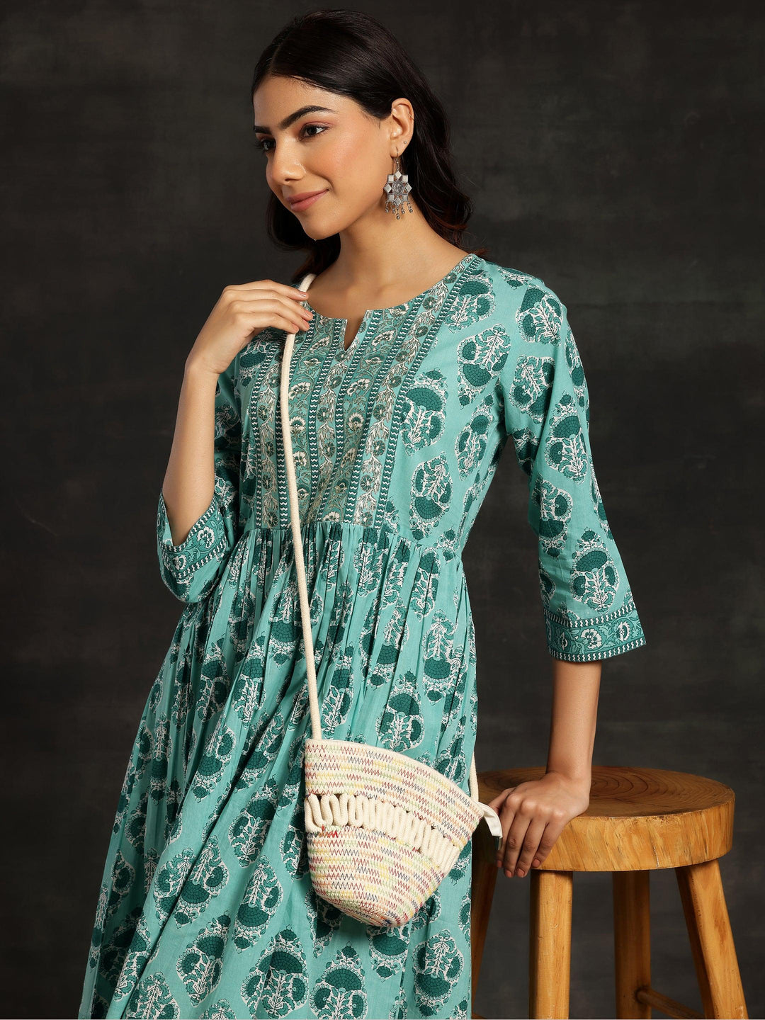 Sea Green Printed Cotton Fit and Flare Dress - Libas 