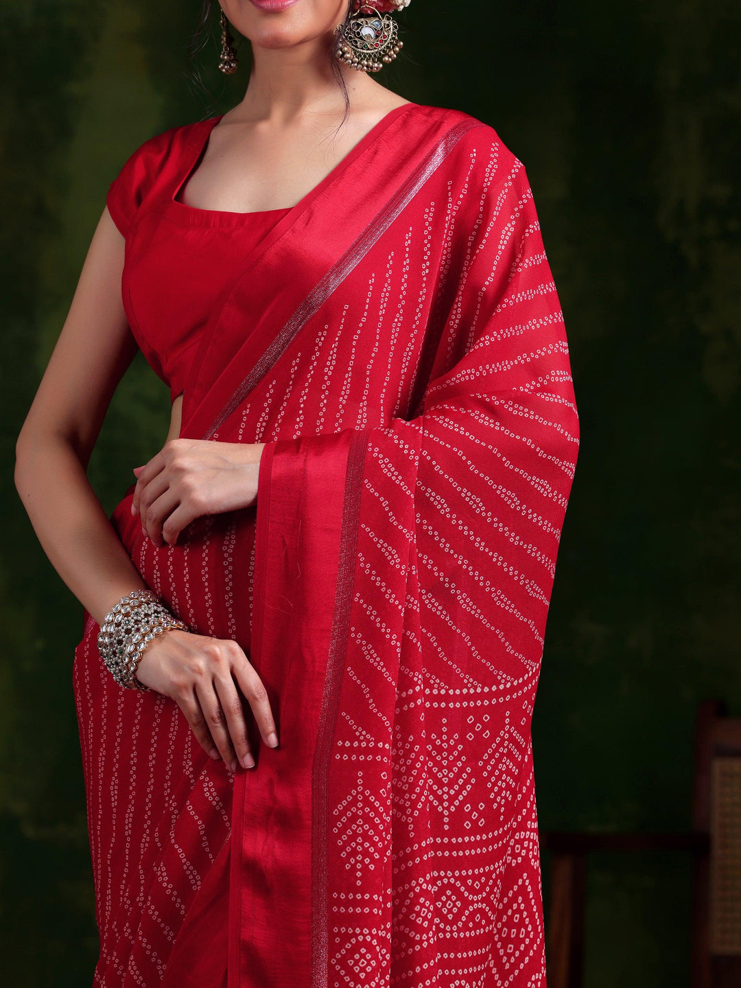 Red Printed Satin Saree With Unstitched Blouse Piece - Libas