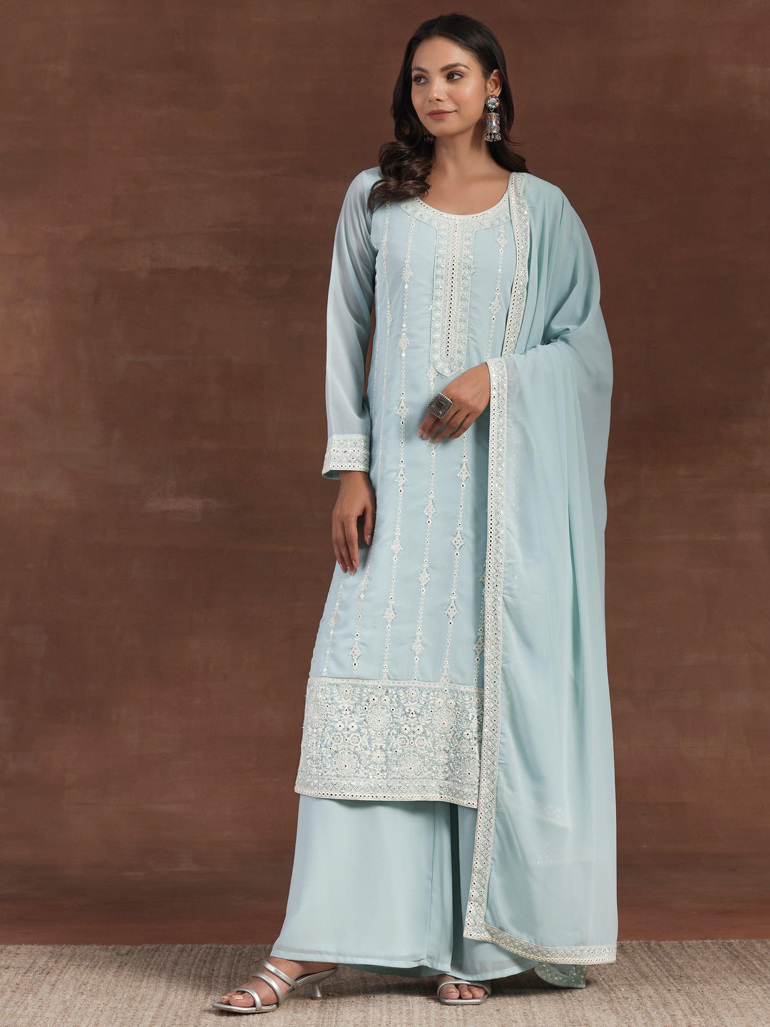 Blue Embroidered Georgette Straight Suit With Dupatta - Libas 