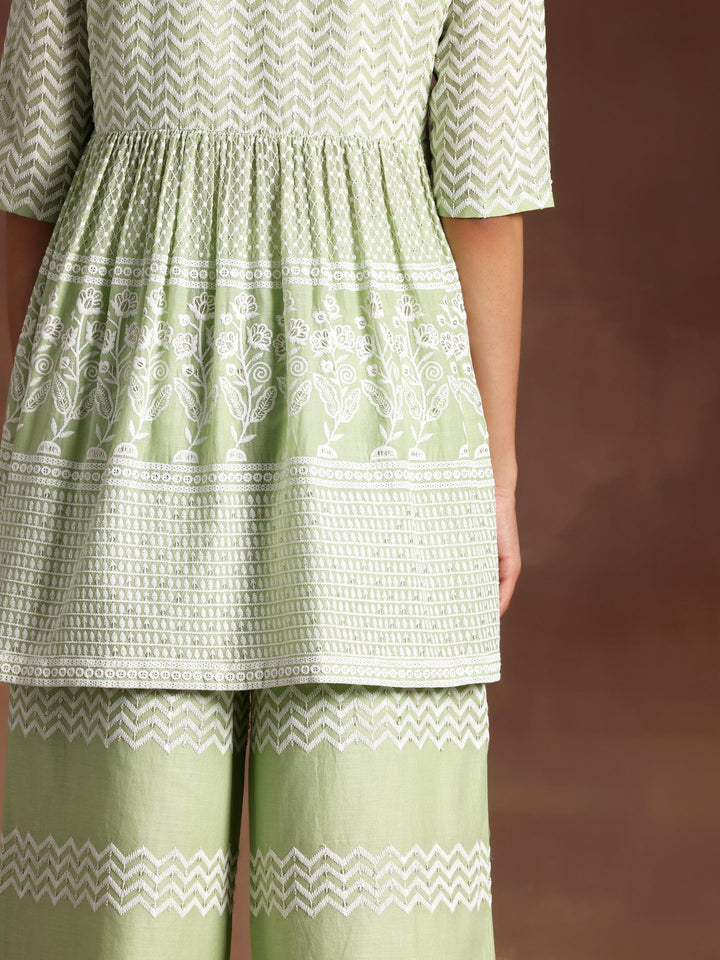 Green Embroidered Cotton Co-Ords - Libas